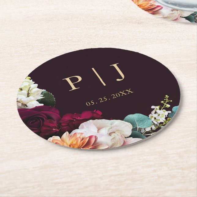Autumn Burgundy Pink Floral Gold Monogram Wedding Round Paper Coaster (Angled)