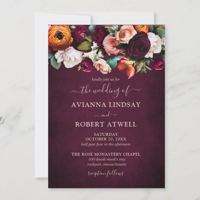 Autumn Burgundy Red Orange Blush Floral Wedding Invitation (Front)