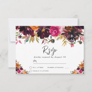 Autumn Burgundy Watercolor Flowers Fall Wedding RSVP Card