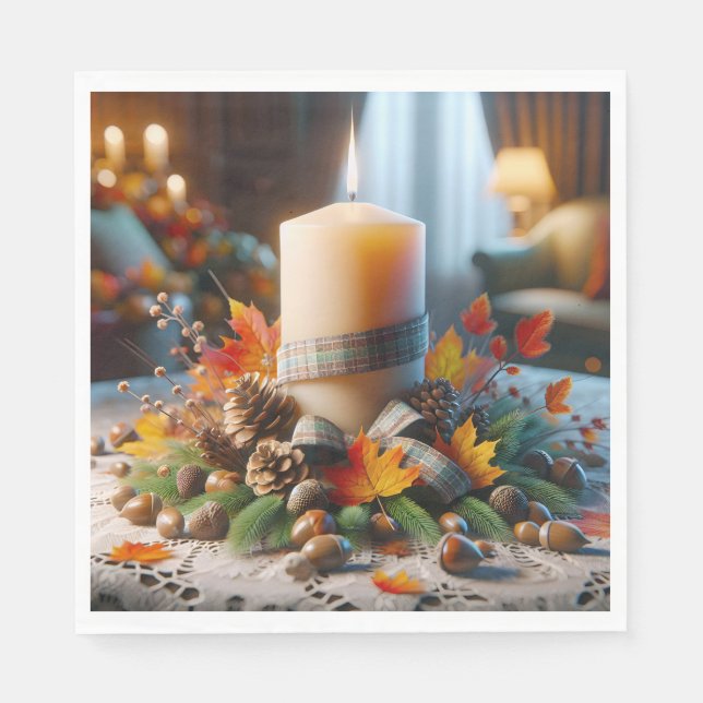 Autumn Candle With Acorns and Ribbon Napkin (Front)