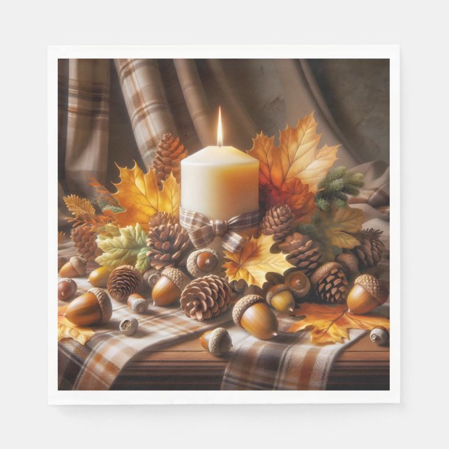 Autumn Candle With Acorns and Ribbon Napkin (Front)