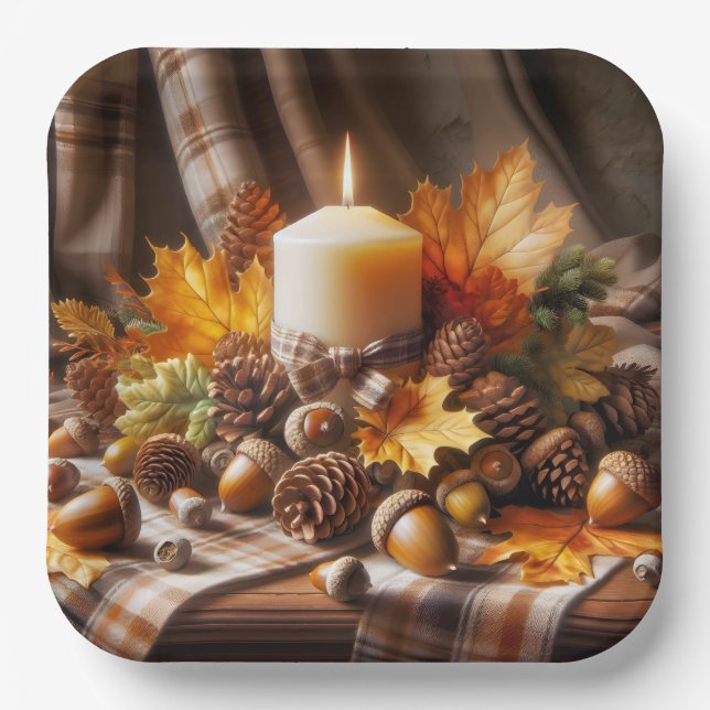 Autumn Candle With Acorns and Ribbon Paper Plate (Front)
