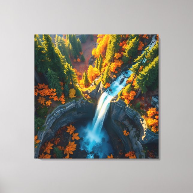 Autumn Canyon Waterfall – Vibrant Fall Forest Land Canvas Print (Front)