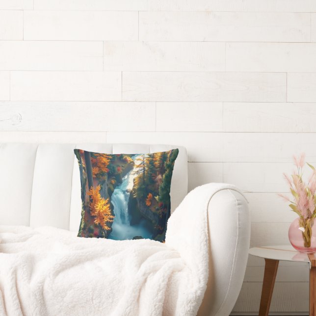 Autumn Canyon Waterfall – Vibrant Fall Forest Land Throw Pillow (Couch)