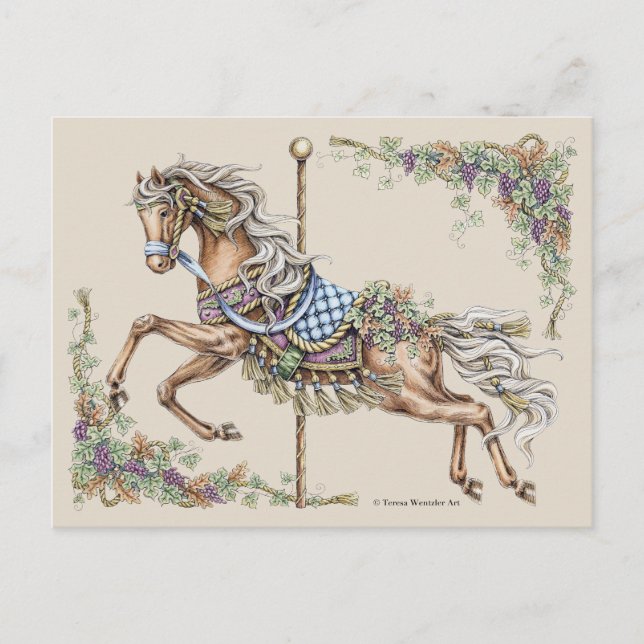 Autumn Carousel Horse Drawing Post Card (Front)
