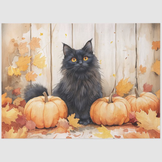 Autumn Cat and Pumpkins Decoupage Tissue Paper (Front)