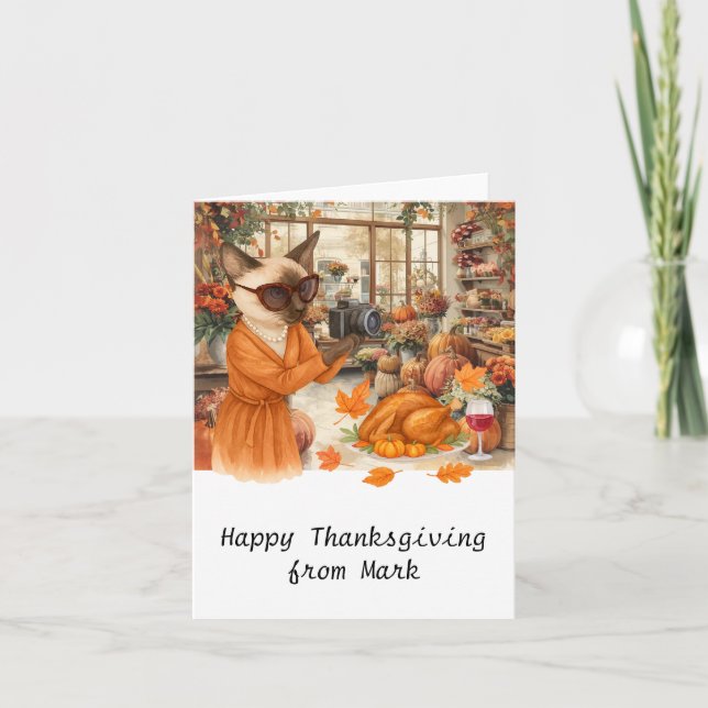 Autumn Cat  florist is taking photo of turkey  Card (Front)