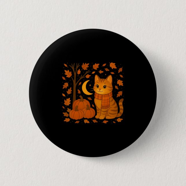 Autumn Cat Illustration With Falling Leaves For Ev 2 Inch Round Button (Front)