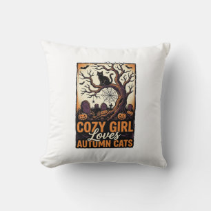Autumn Cat Lover Vintage Halloween Girl Shirt Desi Throw Pillow