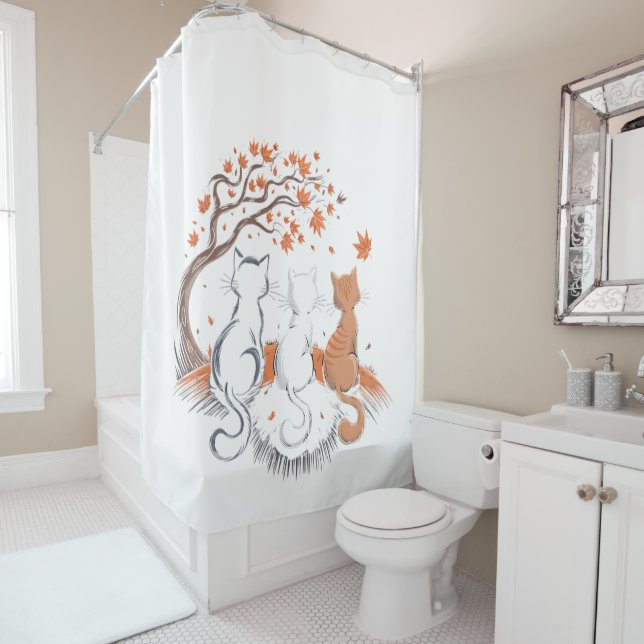 "Autumn Cat Trio Shower Curtain – Cozy" (In Situ)