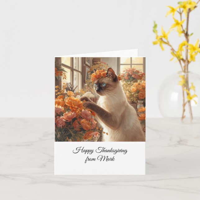 Autumn Cat with Flowers – Fall Season Greeting Card (Yellow Flower)
