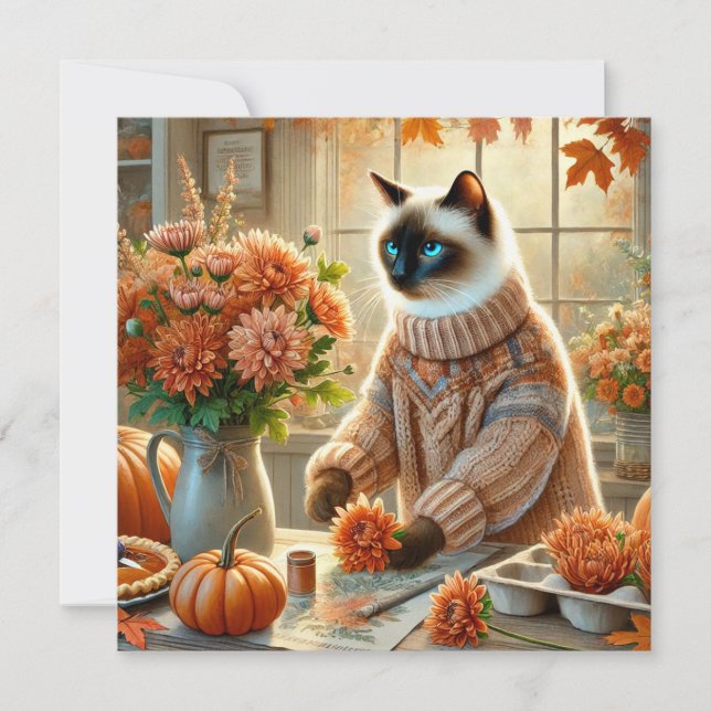 Autumn Cat with Flowers – Fall Season Greeting Holiday Card (Front)