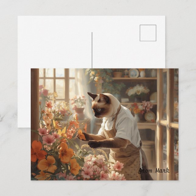 Autumn Cat with Flowers – Fall Season Greeting Postcard (Front/Back)