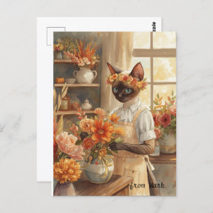 Autumn Cat with Flowers – Fall Season Greeting Postcard