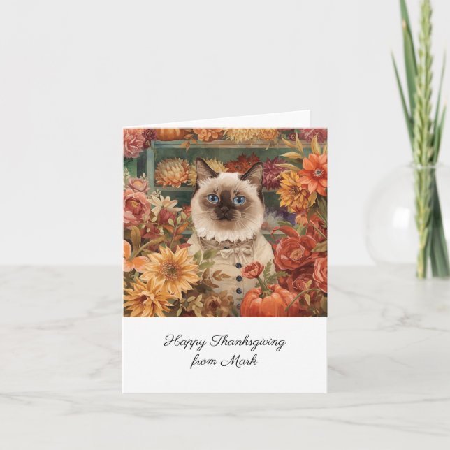 Autumn Cat with Flowers Fall Season Thanksgiving  Card (Front)