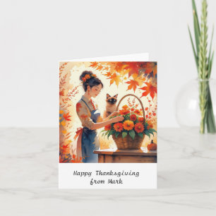 Autumn Cat with Flowers Fall Season Thanksgiving Card