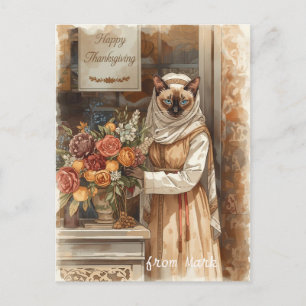 Autumn Cat with Flowers – Fall Thanksgiving Holiday Postcard