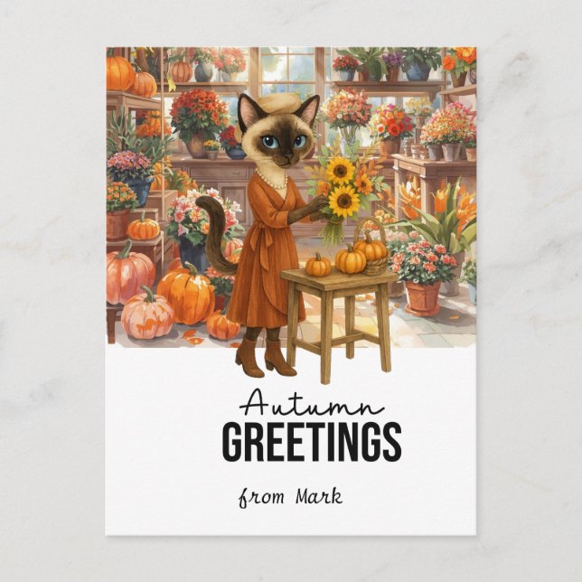 Autumn Cat with Flowers – Fall Thanksgiving Holiday Postcard (Front)