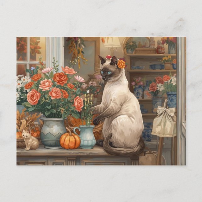 Autumn Cat with Flowers – Fall Thanksgiving Holiday Postcard (Front)