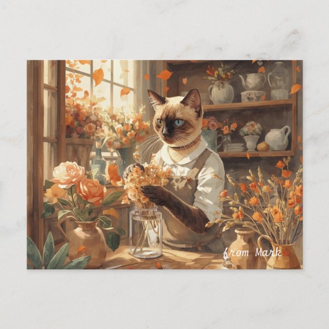 Autumn Cat with Flowers – Fall Thanksgiving Holiday Postcard (Front)