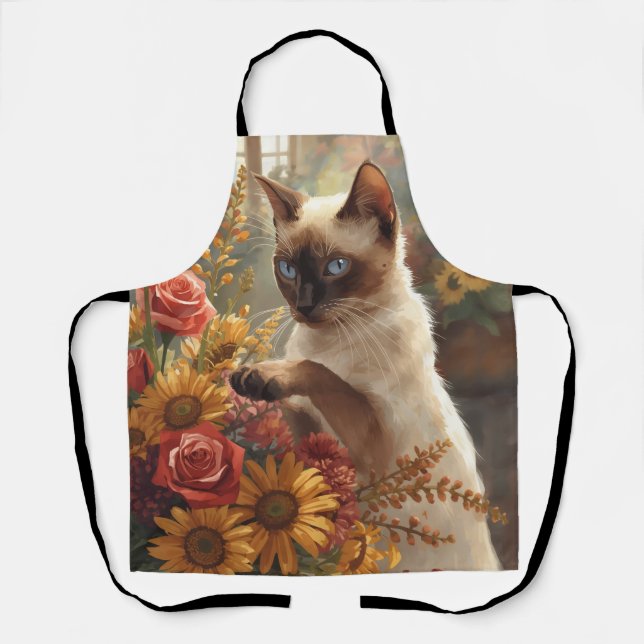 Autumn Cat with flowers for Thanksgiving  Apron (Front)