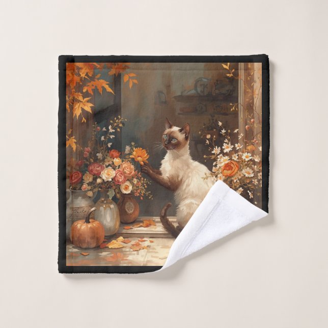 Autumn Cat with flowers for Thanksgiving  Wash Cloth (Wash Cloth)