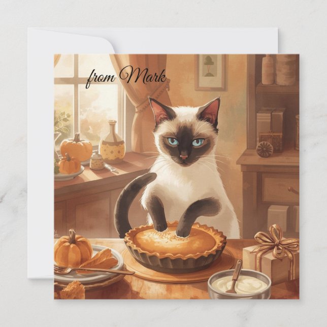 Autumn Cat with Pumpkin Pie Fall Season Greeting Holiday Card (Front)