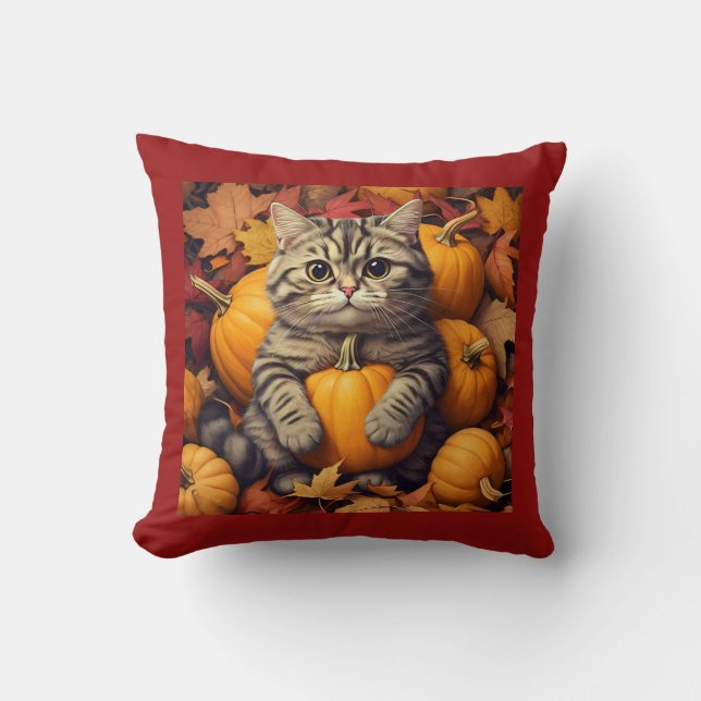 Autumn Cat with Pumpkins & Leaves Throw Pillow (Front)