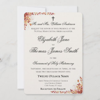 Autumn Catholic Red and Gold Wedding Invitation