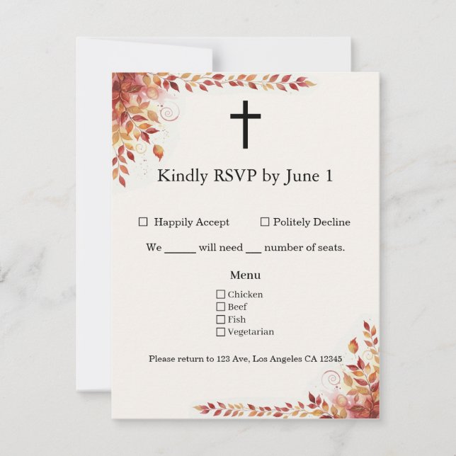 Autumn Catholic Red and Gold Wedding RSVP Card (Front)