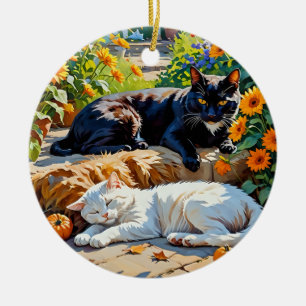 Autumn Cats and Pumpkins Garden Scene Ceramic Ornament