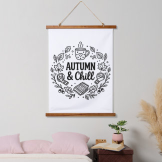 Autumn & Chill | Cozy Fall Hand-Lettered Line Art Hanging Tapestry
