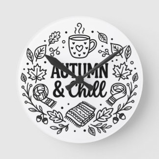 Autumn & Chill | Cozy Fall Hand-Lettered Line Art Round Clock