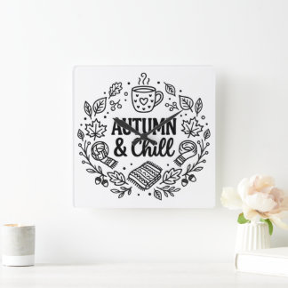 Autumn & Chill | Cozy Fall Hand-Lettered Line Art Square Wall Clock
