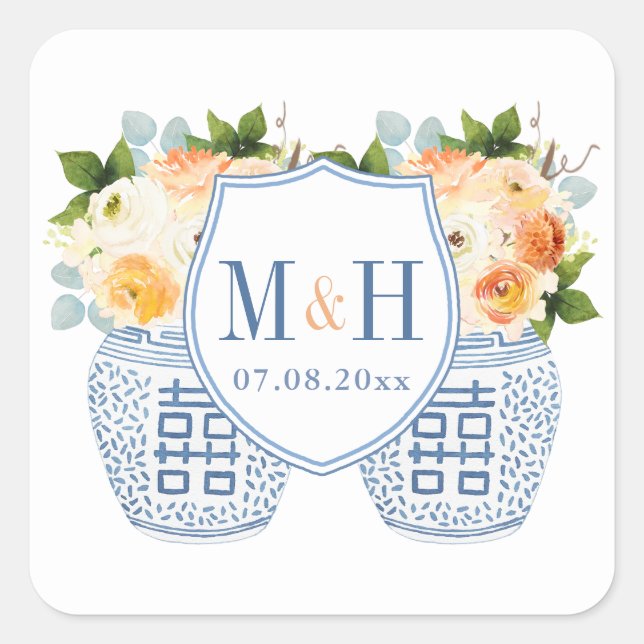 Autumn Chinoiserie Monogram Wedding Favour Square Sticker (Front)