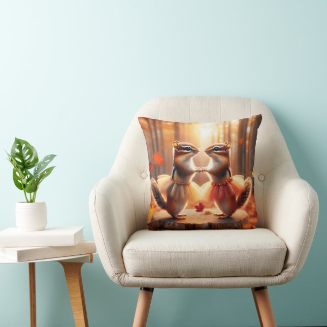 Autumn Chipmunks Dancing Throw Pillow (Chair)