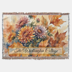Autumn Chrysanthemum and Maple Leaf Watercolor Bou Throw Blanket