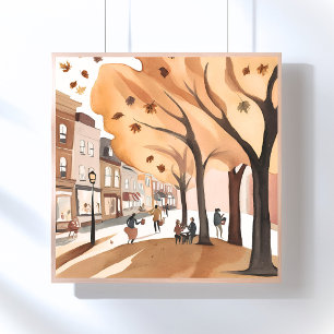 Autumn City Park   Fall Foliage Watercolor Poster