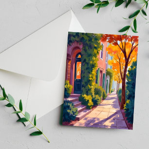Autumn City Street Glow Cozy Fall Watercolor Card