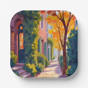 Autumn City Street Glow   Cozy Fall Watercolor Paper Plate