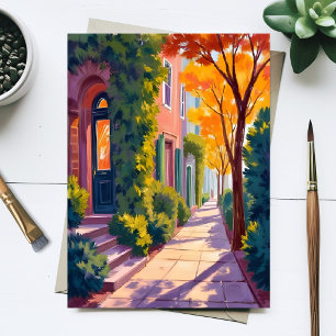 Autumn City Street Glow   Cozy Fall Watercolor Postcard