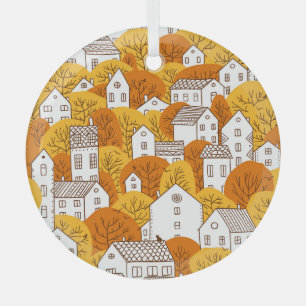 Autumn Cityscape, Trees Houses Pattern. Glass Ornament