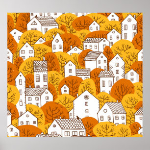 Autumn Cityscape, Trees Houses Pattern. Poster