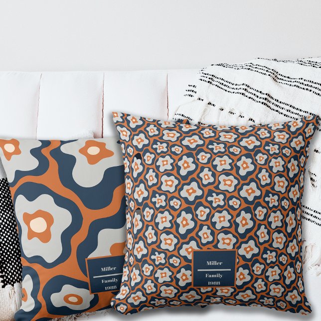 Autumn Cobalt Blues Rust Egg Flowers Custom Name Throw Pillow (Creator Uploaded)