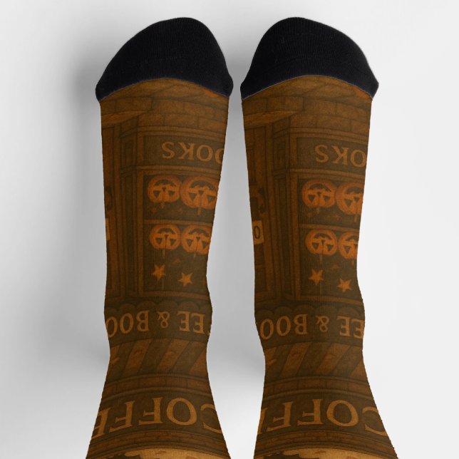 Autumn Coffee & Books – Cozy Halloween Café Scene Socks (Top)