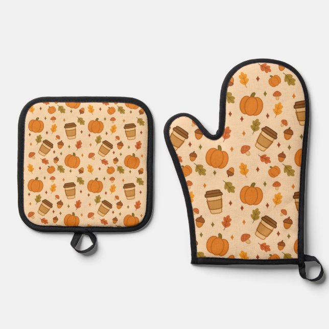 Autumn Coffee Oven Mitt & Pot Holder Set (Front)