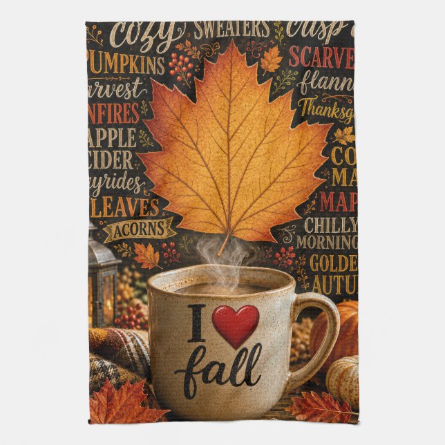 Autumn Coffee with Word Cloud Kitchen Towel (Vertical)