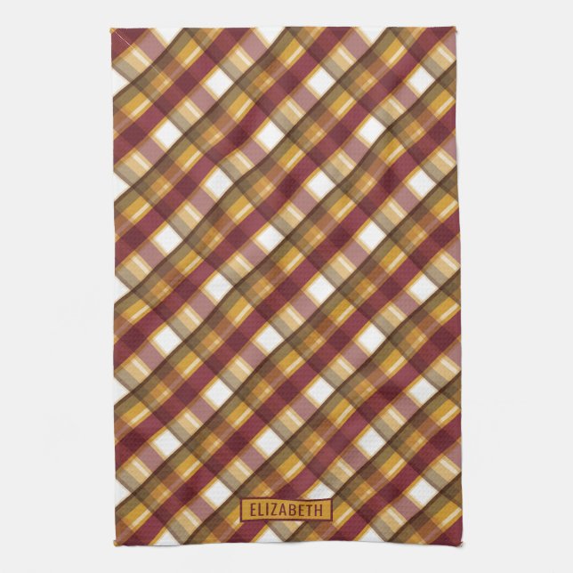 Autumn Colour Plaid Pattern & Custom Name Kitchen Towel (Vertical)