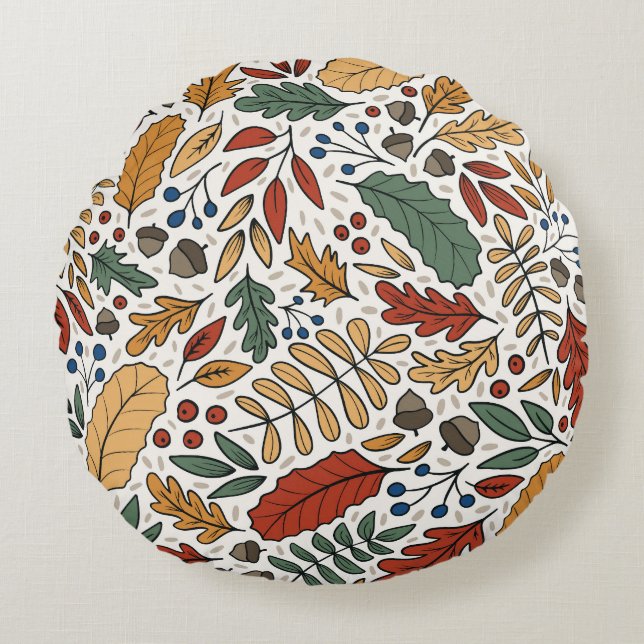 Autumn Coloured Leaf Square Design Round Pillow (Front)