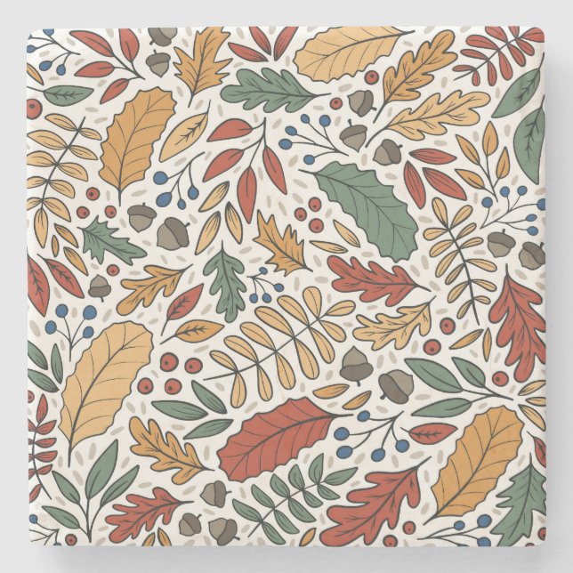 Autumn Coloured Leaf Square Design Stone Coaster (Front)